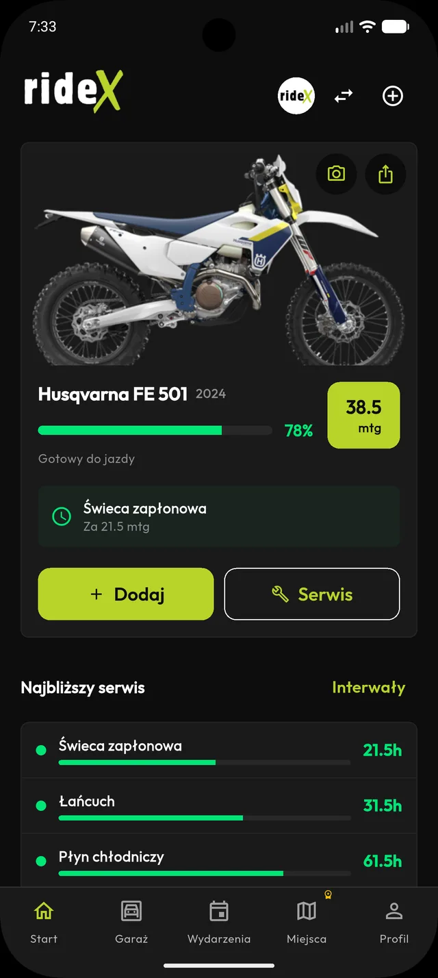 Motocykl i zbliżający się serwis